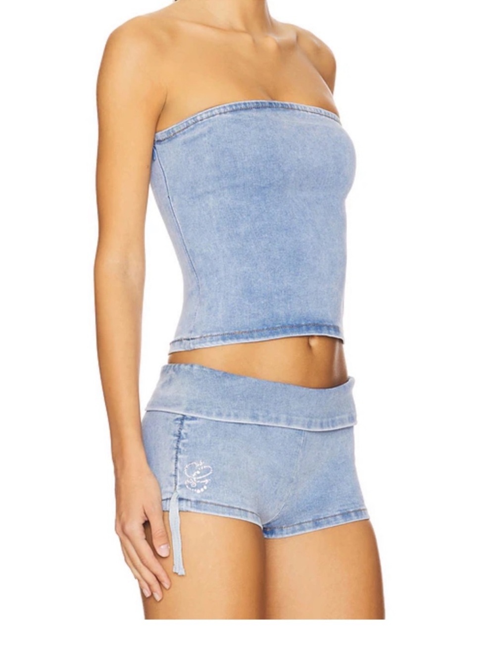 I.AM.GIA Light Blue Denim Tube Top & Shorts Set XS Carter stretchy strapless - Picture 2 of 9